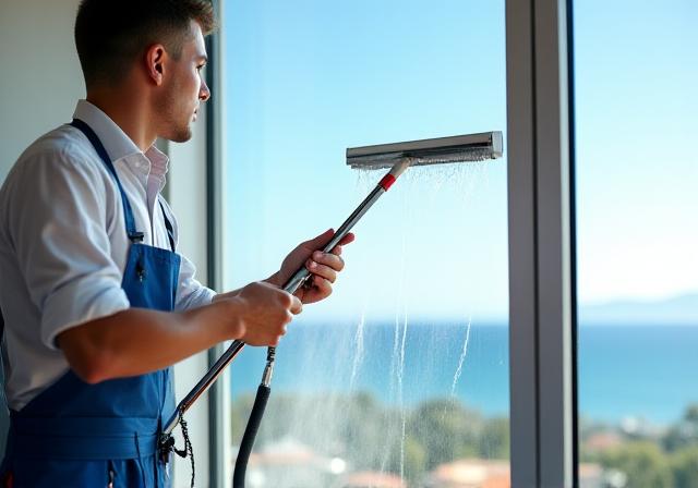 Addetto di Arcipelago Pulisia che pulisce una grande finestra con attrezzatura professionale a Olbia.