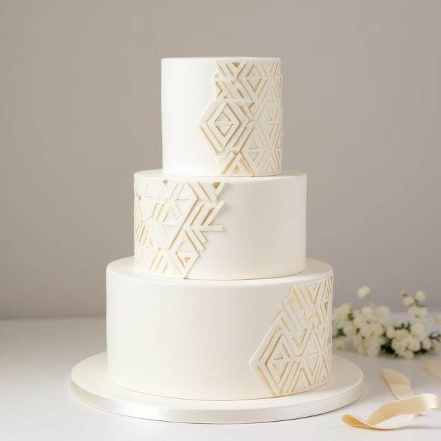 幾何学的なパターンが施されたカスタムデザインのウェディングケーキ